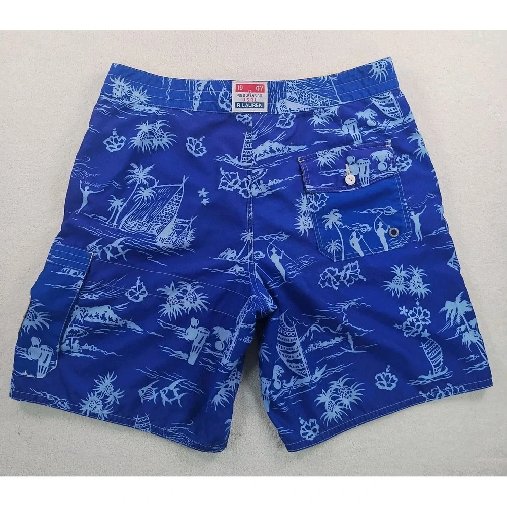 VTG Ralph Lauren Polo Jeans  Board Shorts Mens XL Blue AOP MeshLined Logos‎ Swim